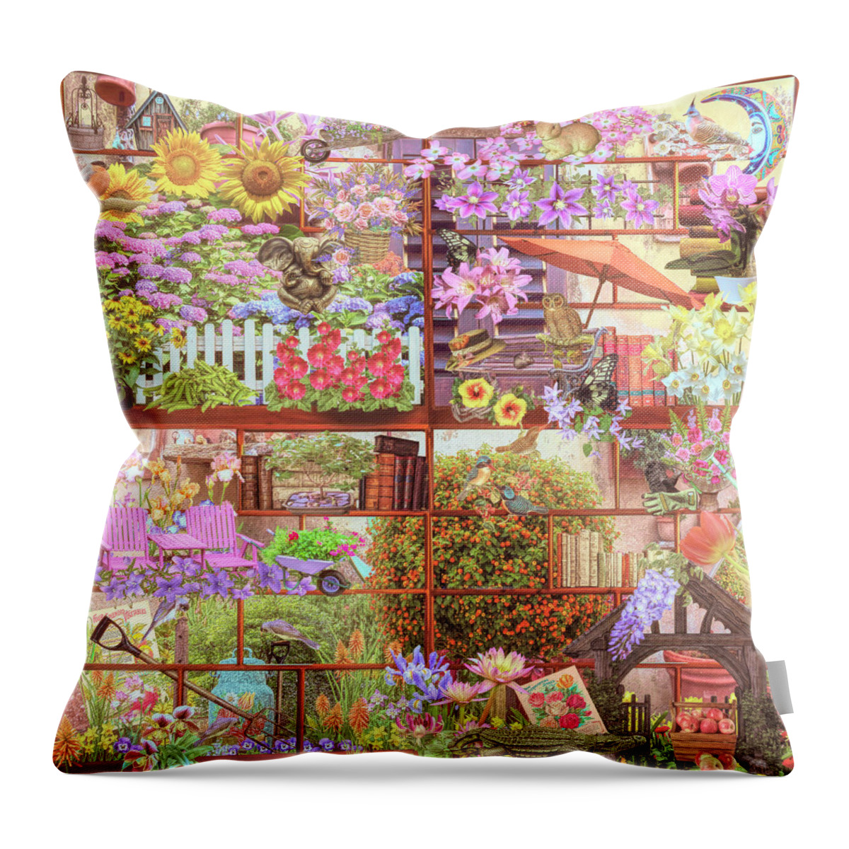 Birds Throw Pillow featuring the digital art The Pretty Happy Garden by Debra and Dave Vanderlaan