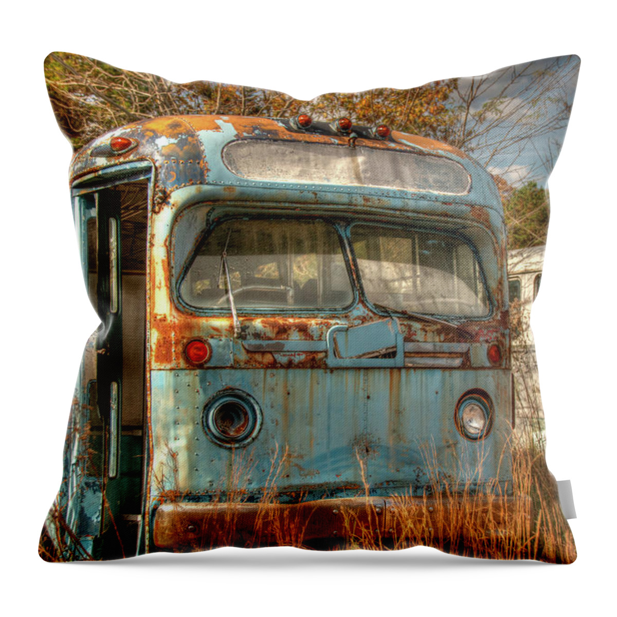 Abandon Throw Pillow featuring the photograph The Quiet Bus Graveyard by Kristia Adams