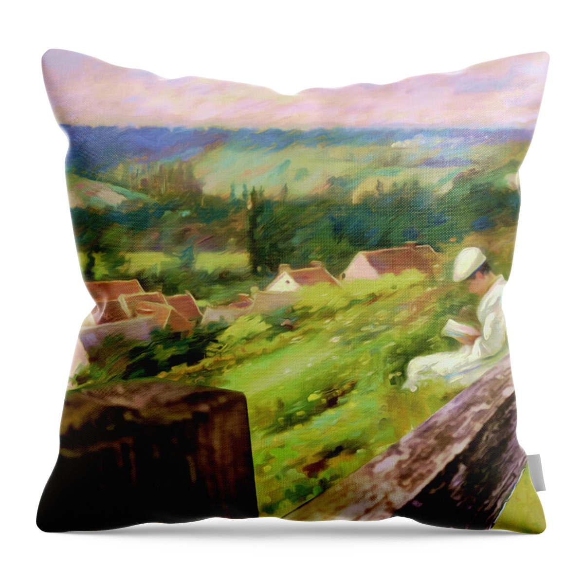 Landscape Throw Pillow featuring the mixed media The Quiet Place Landscape with Woman Reading by a Fence by Shelli Fitzpatrick