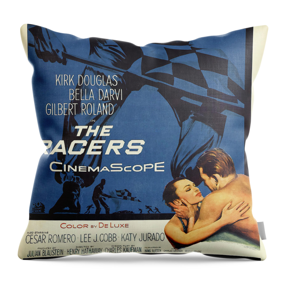 Racers Throw Pillow featuring the mixed media ''The Racers'', with Kirk Douglas and Bella Darvi, 1955 by Movie World Posters