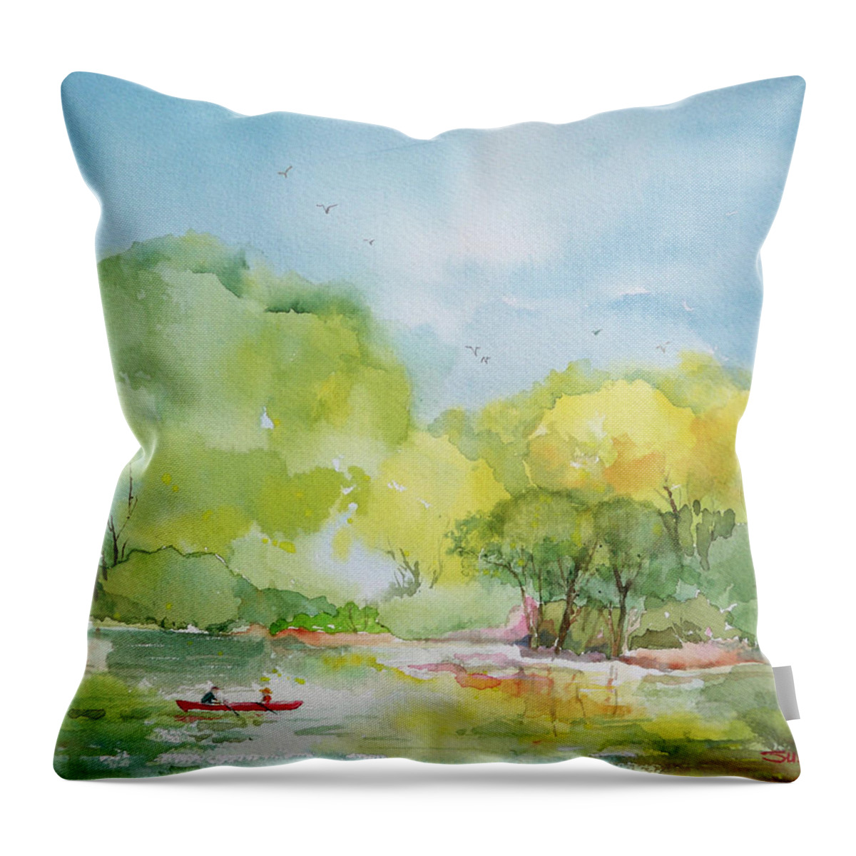 Lake Throw Pillow featuring the painting The Red Boat by Sue Kemp