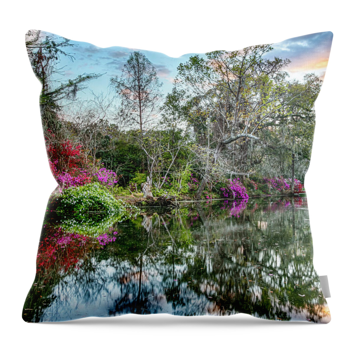  Throw Pillow featuring the photograph The Red Bridge at Sunset by Jim Miller