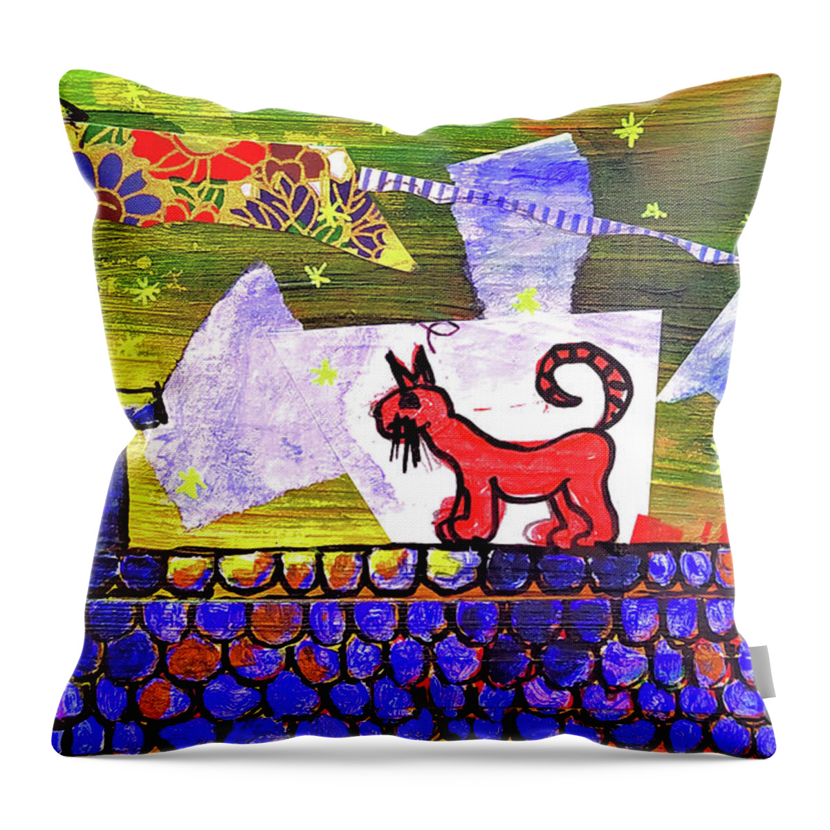 Cat Throw Pillow featuring the mixed media The Red Cat on the Roof by Mimulux Patricia No