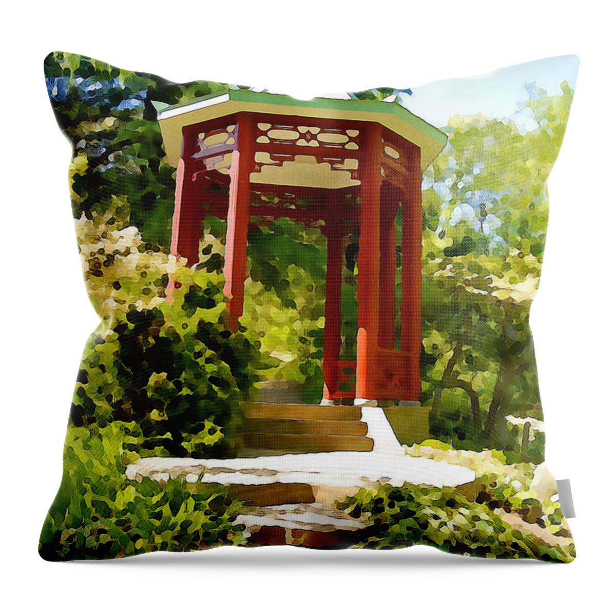 Architecture Throw Pillow featuring the digital art The Red Gazebo by Walter Neal
