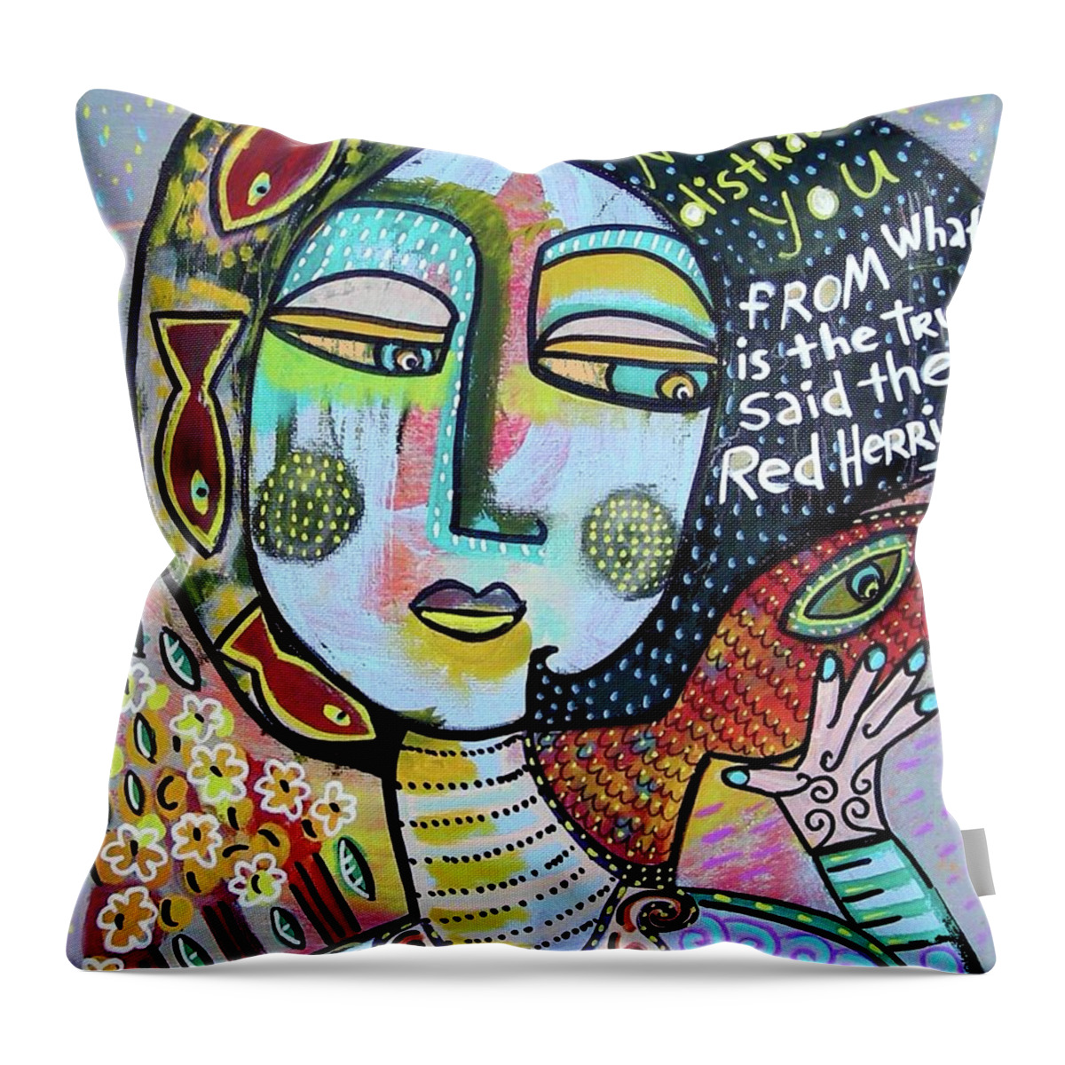  Throw Pillow featuring the painting The Red Herring Fish Of Distraction by Sandra Silberzweig