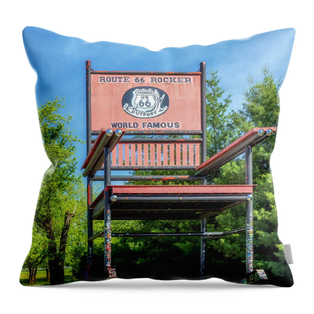 Rocking Chair Throw Pillow featuring the photograph The Red Rocker - Fanning 66 Outpost General Store -Route 66 by Susan Rissi Tregoning