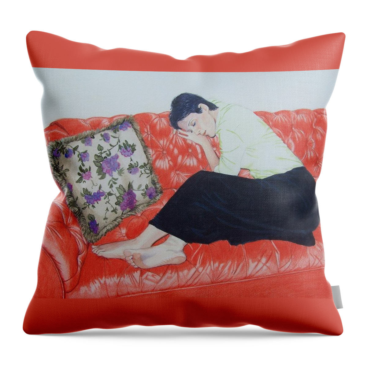 Red Throw Pillow featuring the mixed media The red sofa by Constance Drescher
