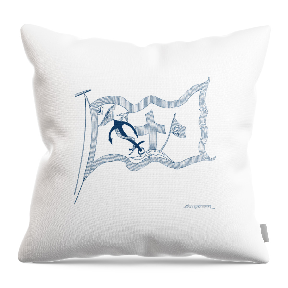 Sailing Vessels Throw Pillow featuring the drawing The Revolutionary Flag of Hydra by Panagiotis Mastrantonis