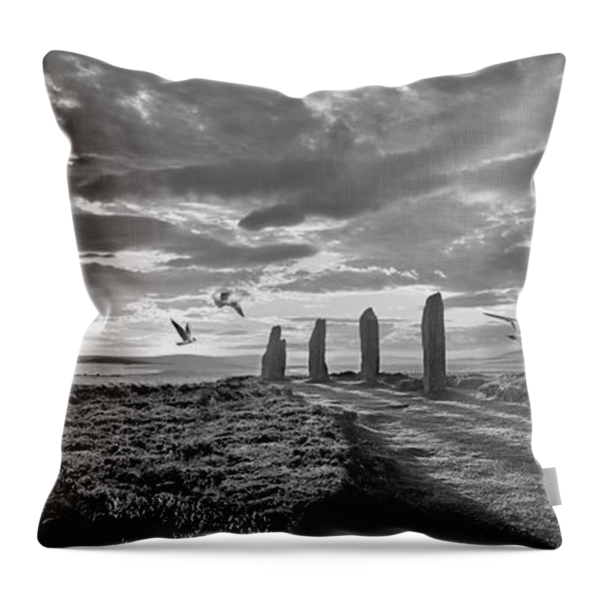 Ring Of Brodgar Throw Pillow featuring the photograph Sacred Stone - The Ring of Brodgar Stone Circle Black and white photo by Paul E Williams