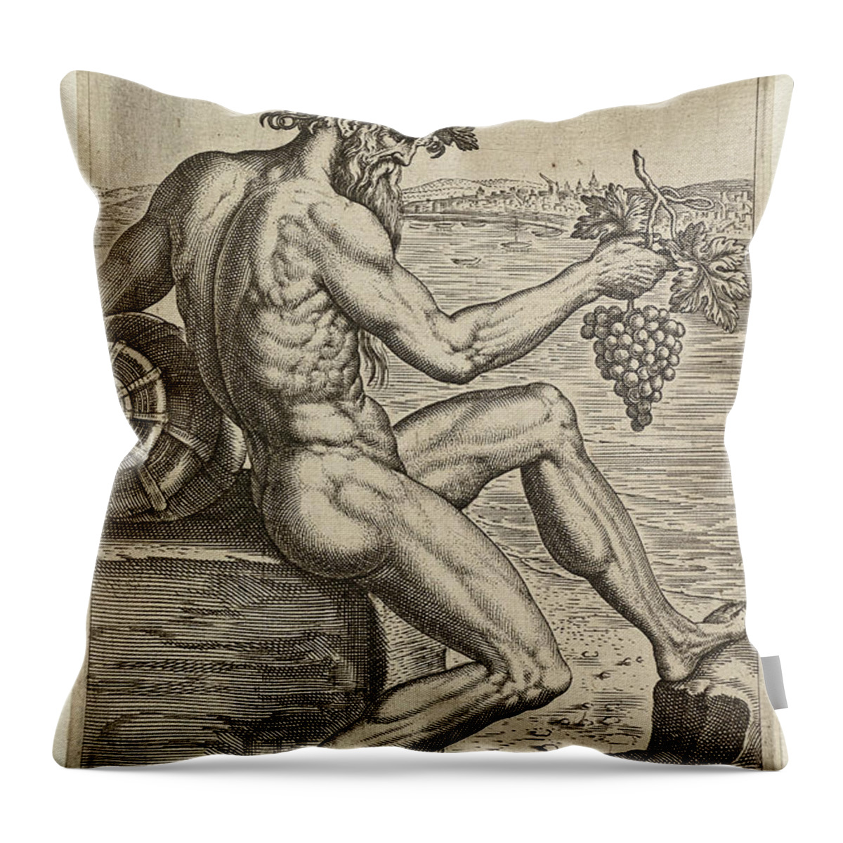 Philip Galle Throw Pillow featuring the drawing The river god Rhenus of the Rhine, seated on a stone. A bunch of grapes in his hand by Philip Galle