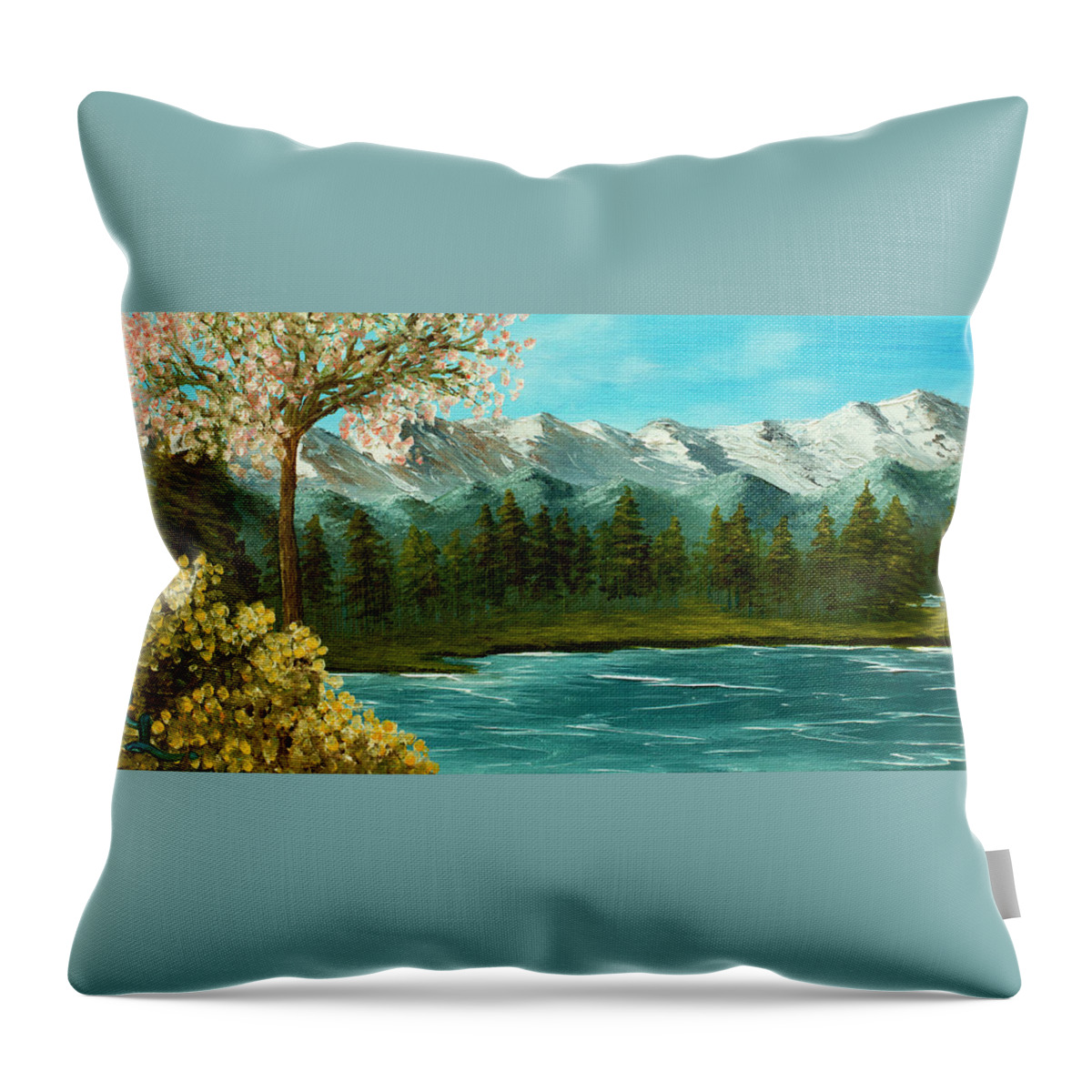 Mountains Throw Pillow featuring the painting The River in Spring by Renee Logan