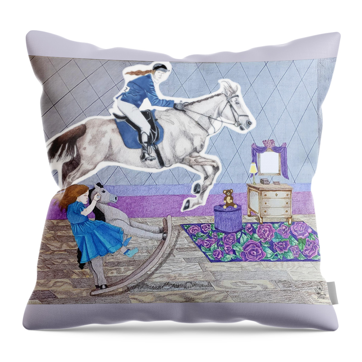 Equestrian Throw Pillow featuring the drawing The Rocking Horse by Equus Artisan