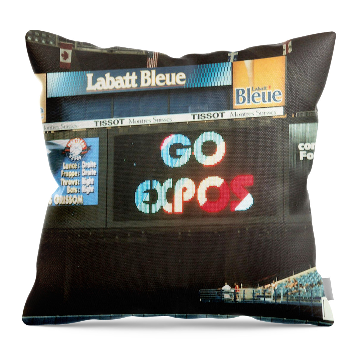 The Score Board At The Olympic Stadium In Montreal Throw Pillow featuring the mixed media The Score Board at The Olympic Stadium in Montreal by Asbjorn Lonvig