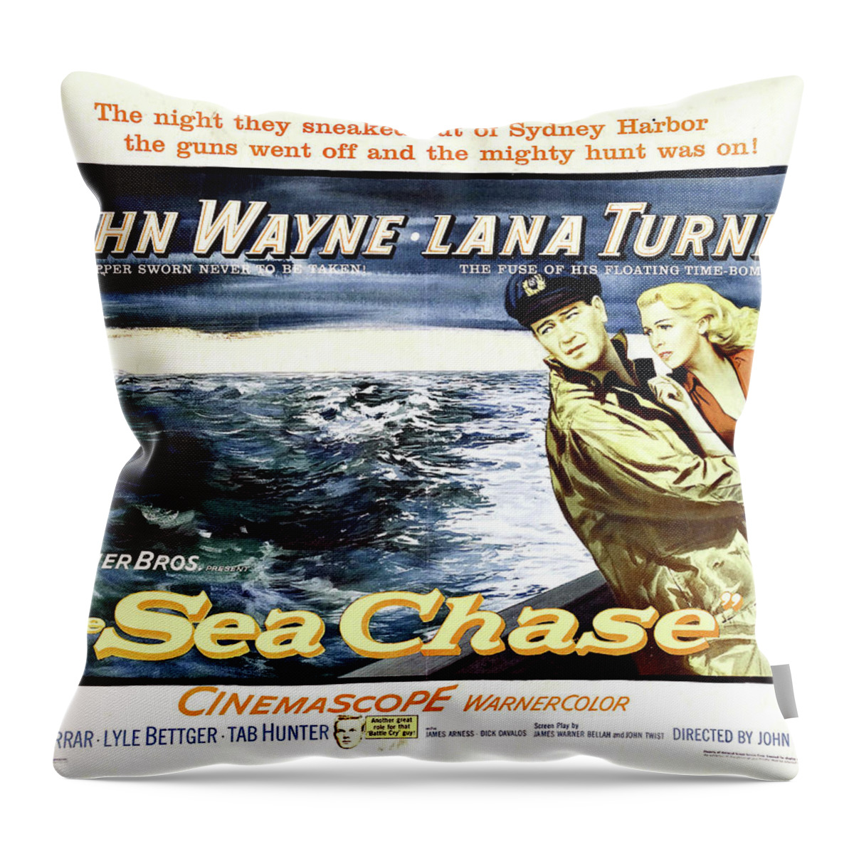 John Wayne Throw Pillow featuring the mixed media ''The Sea Chase'' - 1955 by Movie World Posters