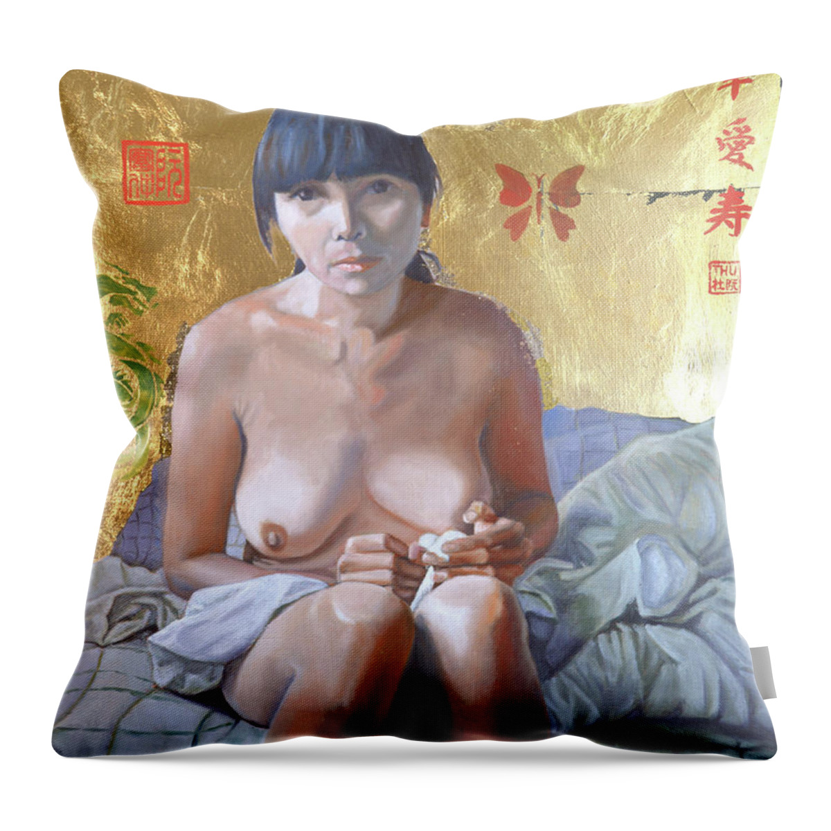 Nude Painting Throw Pillow featuring the painting The Secret by Thu Nguyen