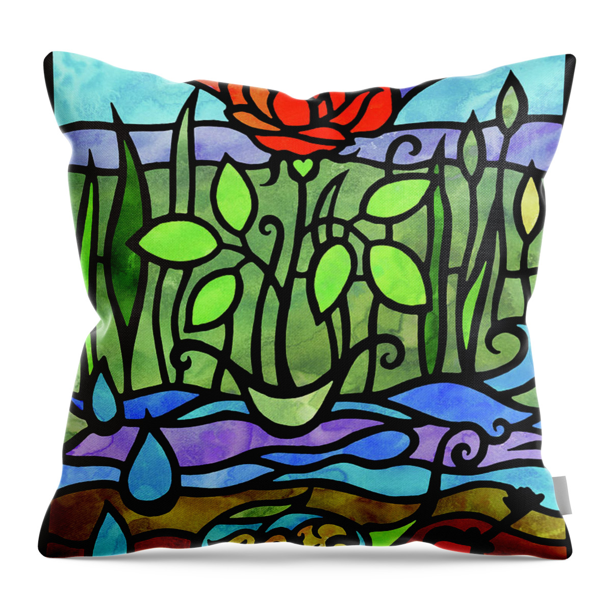 Tiffany Throw Pillow featuring the painting The Seed Of Love In Rose Garden Stained Glass Tiffany Style Watercolor by Irina Sztukowski