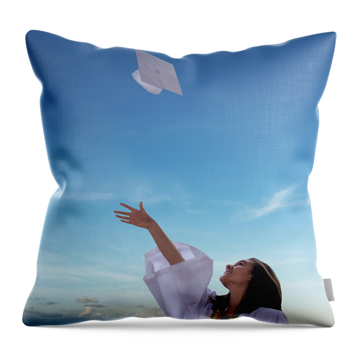 Graduation Throw Pillow featuring the photograph The Sky's The Limit Graduation Cap Toss by Laura Fasulo