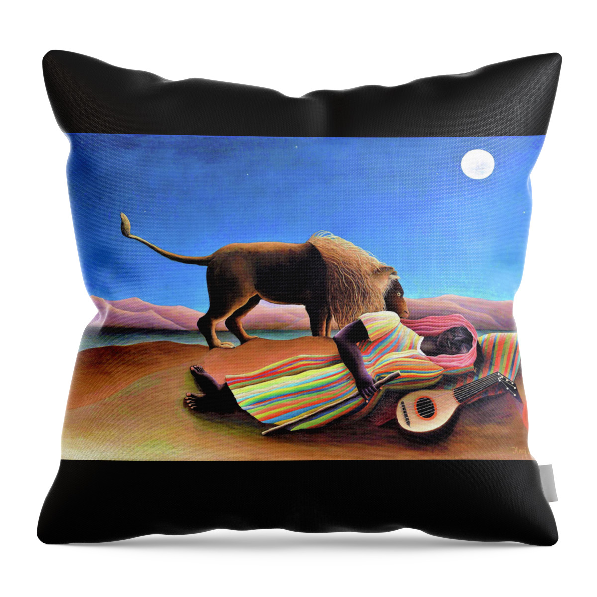Henri Rousseau Throw Pillow featuring the painting The Sleeping Gypsy - Digital Remastered Edition by Henri Rousseau