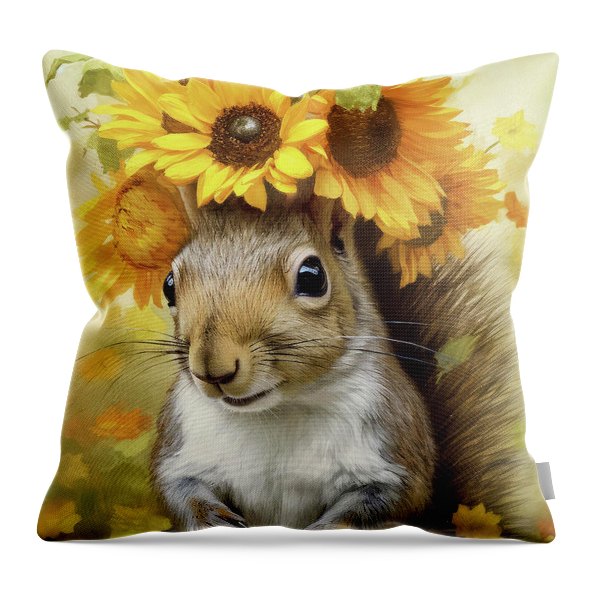 Squirrel Throw Pillow featuring the painting The Sunflower Girl by Tina LeCour