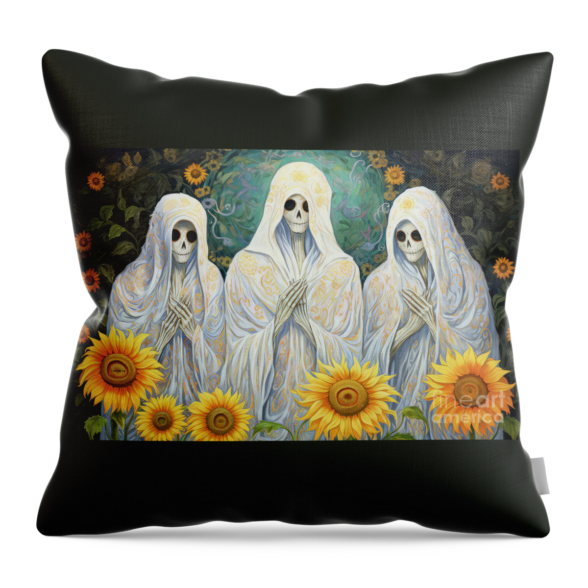 Halloween Throw Pillow featuring the painting The Sunflower Worshippers by Tina LeCour