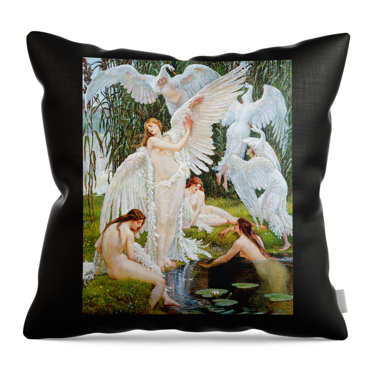 The Swan Maidens Throw Pillow featuring the painting The Swan Maidens by Walter Crane 1894 by Walter crane