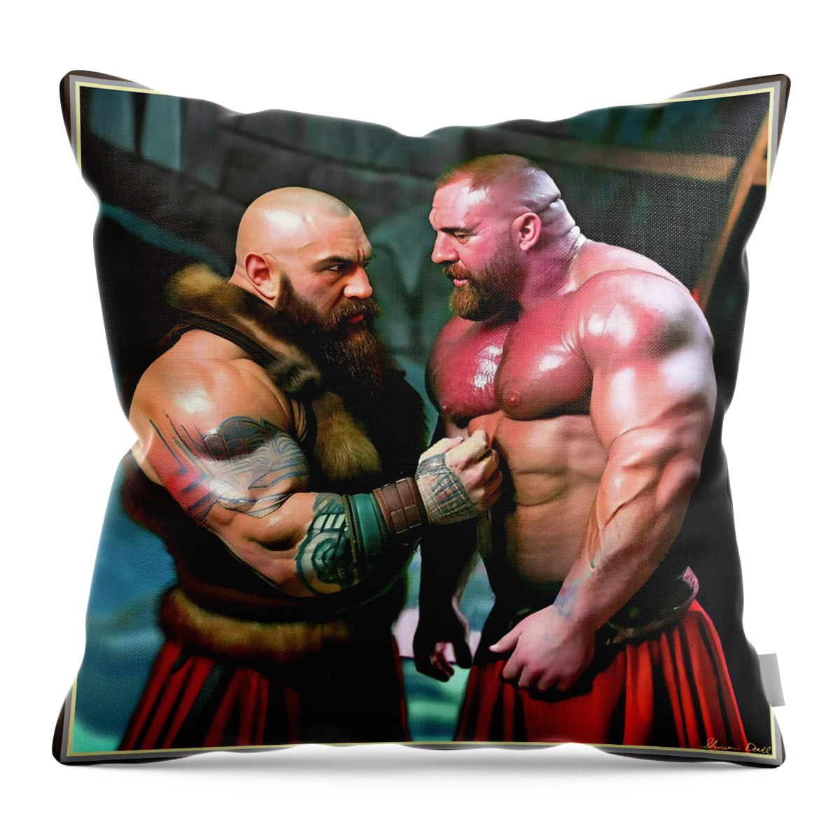 Norse Throw Pillow featuring the mixed media The Talk by Shawn Dall