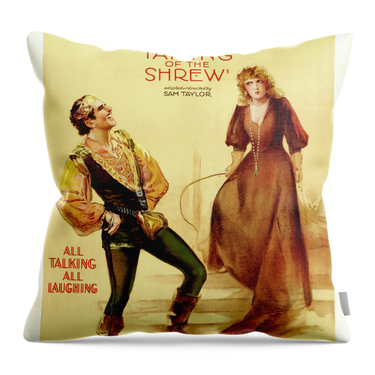 Taming Throw Pillow featuring the mixed media ''The Taming of the Shrew'', with Mary Pickford and Douglas Fairbanks, 1929 by Movie World Posters