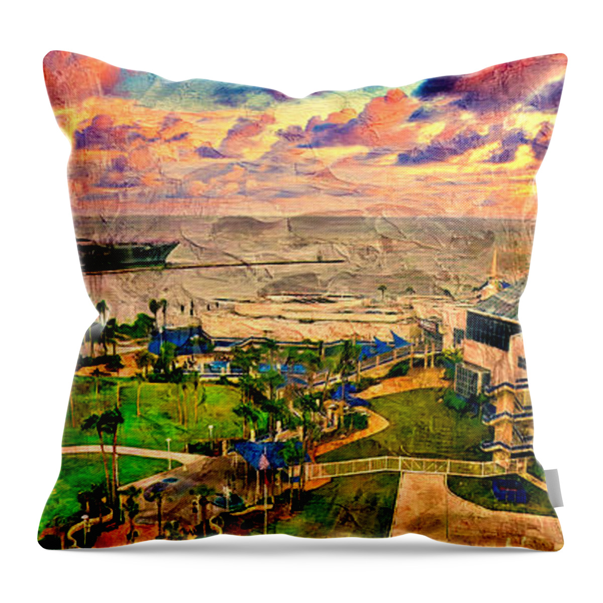 Texas State Aquarium Throw Pillow featuring the digital art The Texas State Aquarium and USS Lexington Museum in Corpus Christi at sunset by Nicko Prints