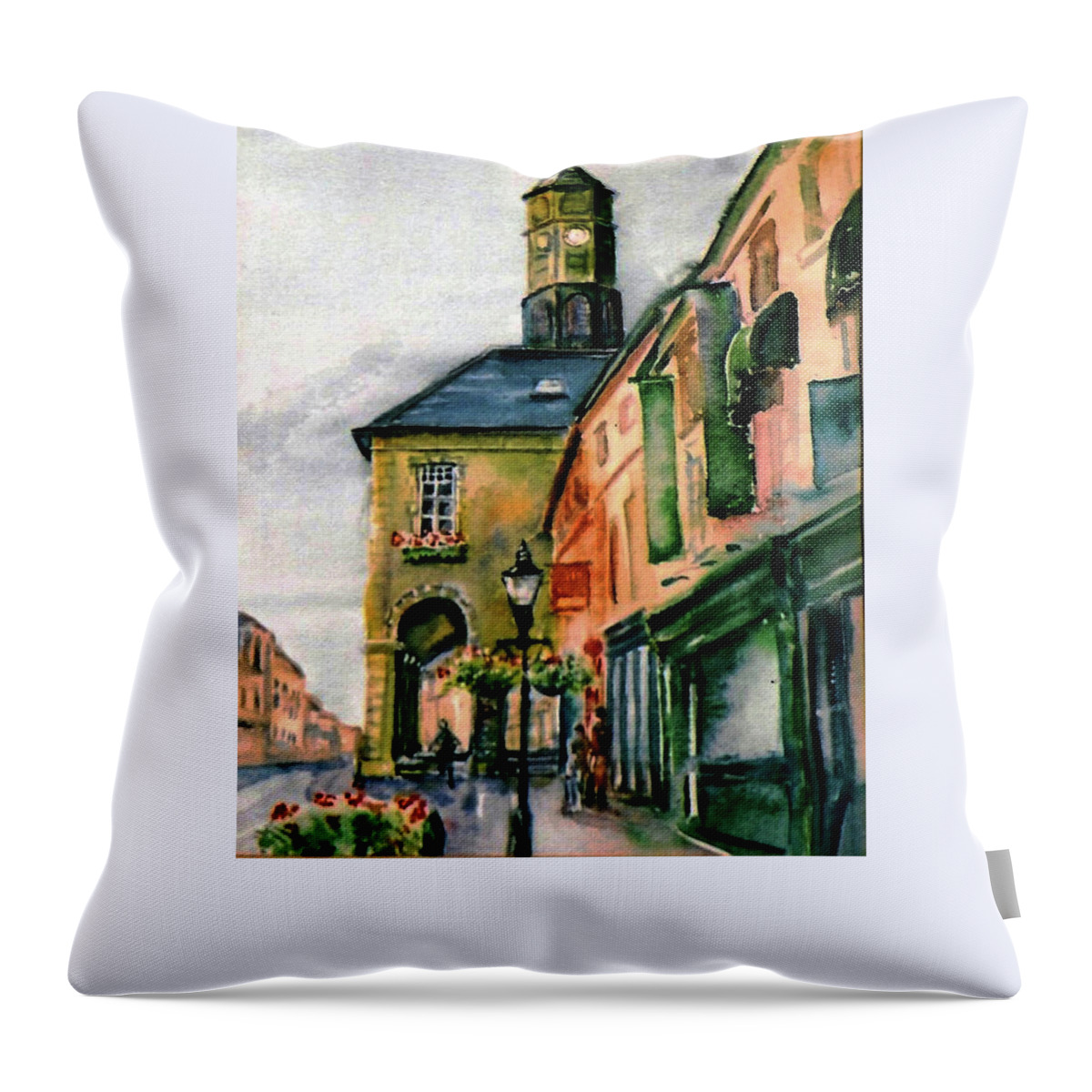 The Tholsel Throw Pillow featuring the painting The Tholsel Town Hall Kilkenny by Trudi Doyle