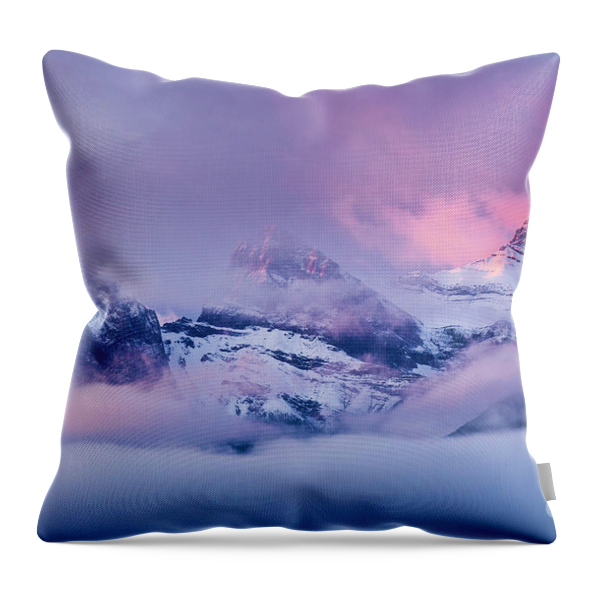 Rocky Mountains Throw Pillow featuring the photograph The Three Sisters peaks at Sunrise, Canmore, Alberta, Canada by Neale And Judith Clark