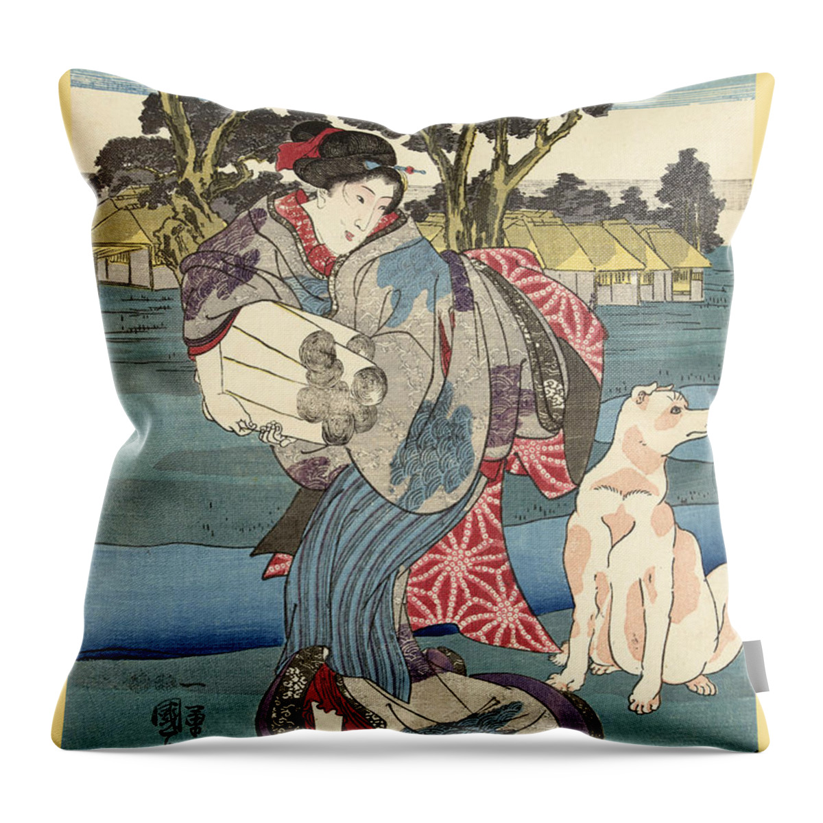 Utagawa Kuniyoshi Throw Pillow featuring the drawing The Toi Tama River in Settsu Province by Utagawa Kuniyoshi