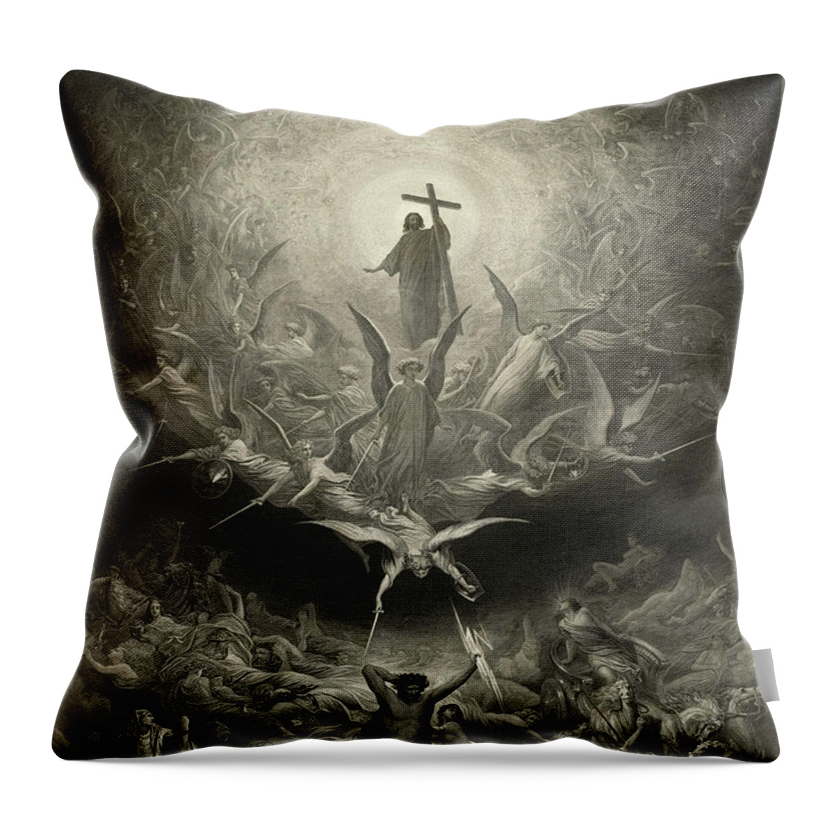 Gustave Dore Throw Pillow featuring the painting The Triumph of Christianity Over Paganism, 1899 by Gustave Dore