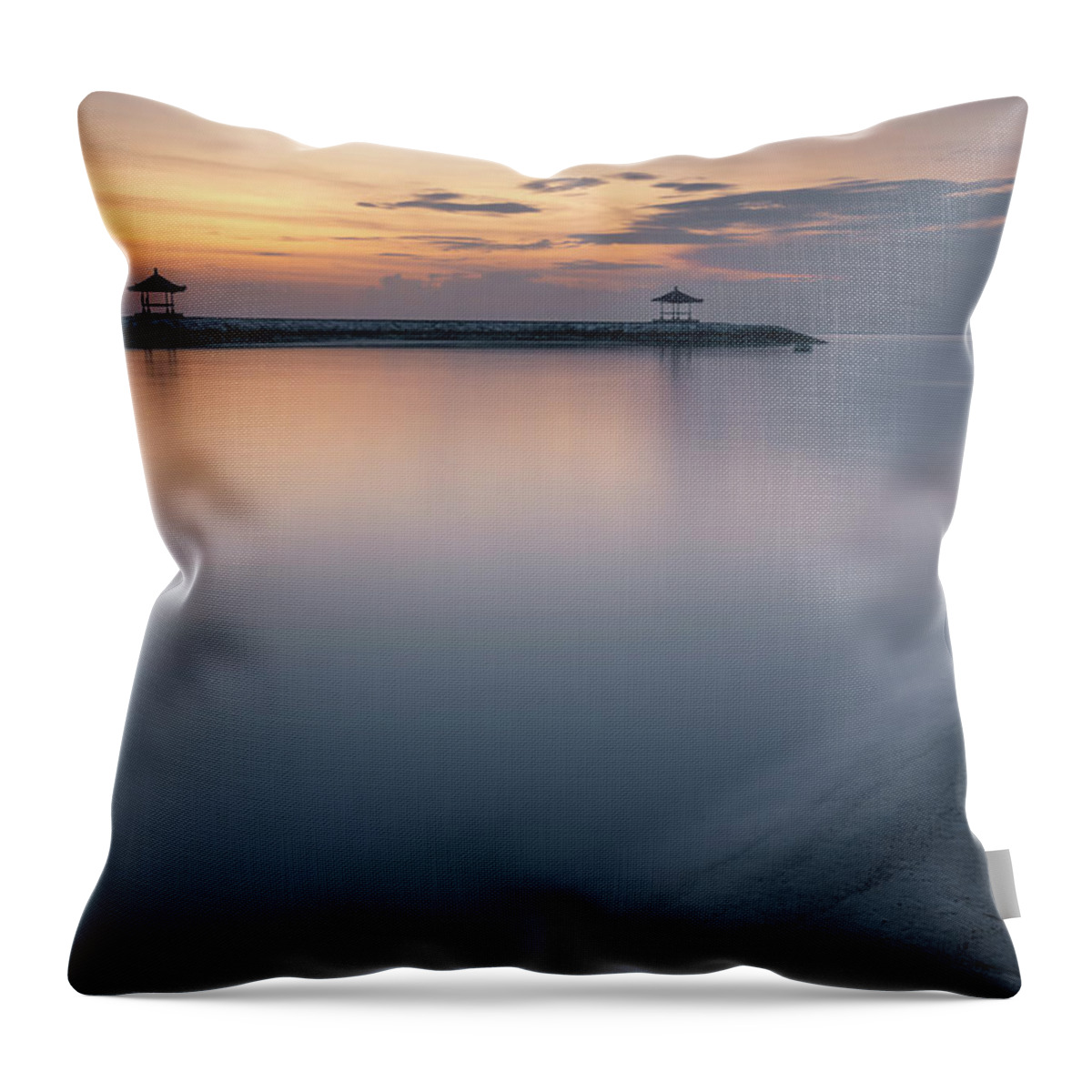 Asia Throw Pillow featuring the photograph The two gazebos just off the beach in the ocean at Karang beach, seen from the shore by Anges Van der Logt