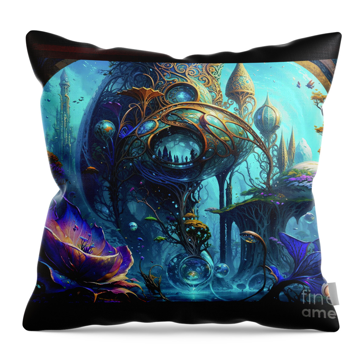 Abstract Throw Pillow featuring the painting The Underwater Mystical Realm Of The Bilibis Alluring AI Concept Art by Xzendor7 by Xzendor7