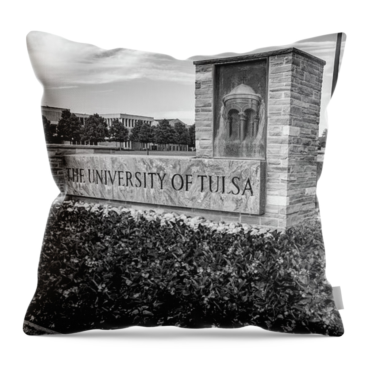 Tulsa Oklahoma Throw Pillow featuring the photograph The University of Tulsa and McFarlin Library Panorama - Black and White by Gregory Ballos