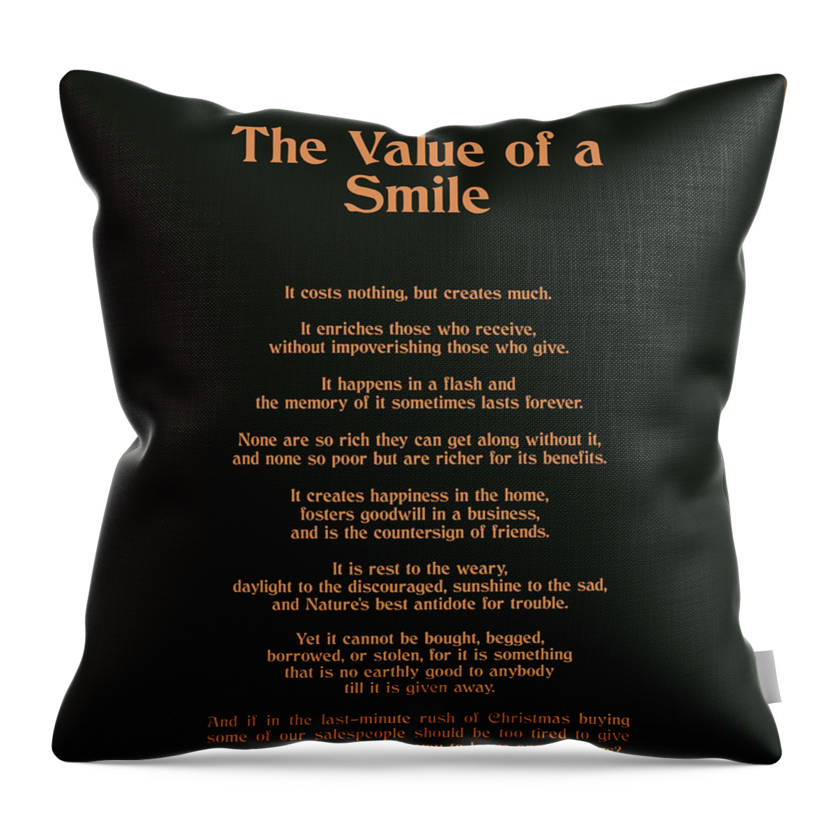 The Value Of A Smile Throw Pillow featuring the digital art The Value of a Smile 01 - Typography - Literature Print by Studio Grafiikka