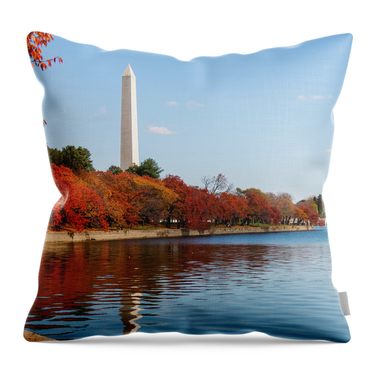 Oil On Canvas Throw Pillow featuring the digital art The Washington Monument soars over the colorful trees on a bright, blue autumn day in Washington, DC by Celestial Images