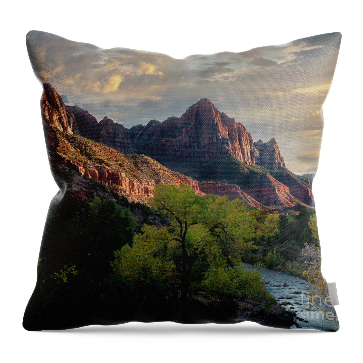 Zion National Park Throw Pillow featuring the photograph The Watchman and Virgin River by Sandra Bronstein