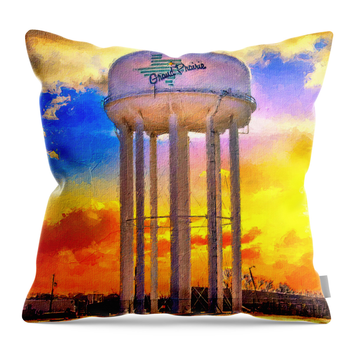 Water Tower Throw Pillow featuring the digital art The water tower near State Highway 161 at sunset, Grand Prairie, Texas by Nicko Prints