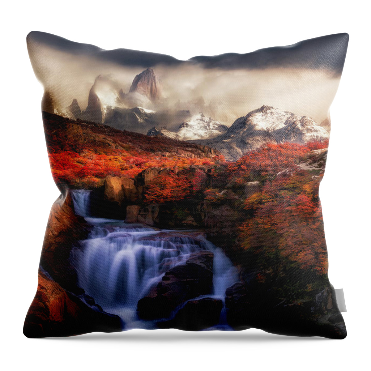 Waterfalls Throw Pillow featuring the photograph The waterfall under Fitz Roy by Henry w Liu