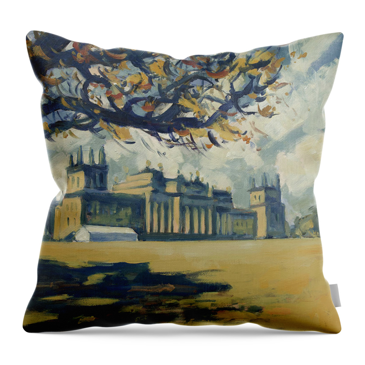 Blenheim Palace Throw Pillow featuring the painting The white party tent along Blenheim Palace by Nop Briex