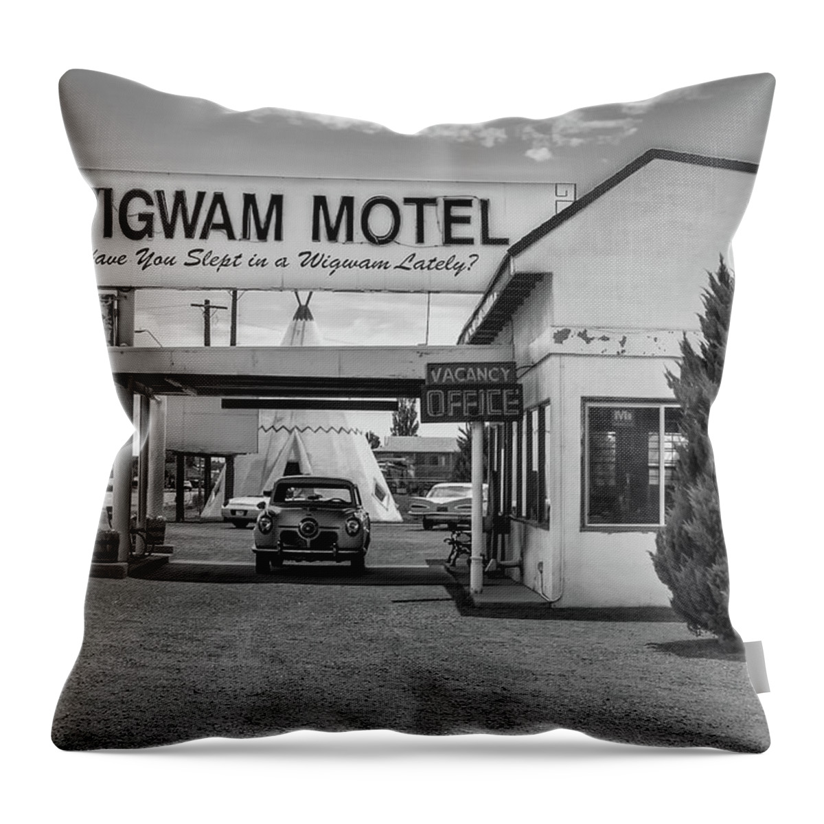 Route 66 Throw Pillow featuring the photograph The Wigwam Motel - Historic Route 66 BW - Holbrook Arizona by Gregory Ballos