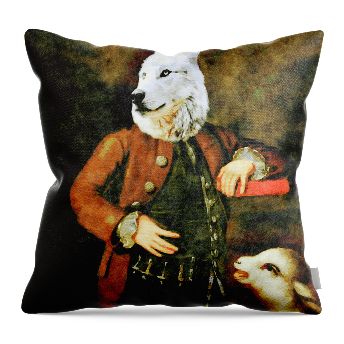 Watercolor Throw Pillow featuring the mixed media The Wolf and the Lamb by Shelli Fitzpatrick