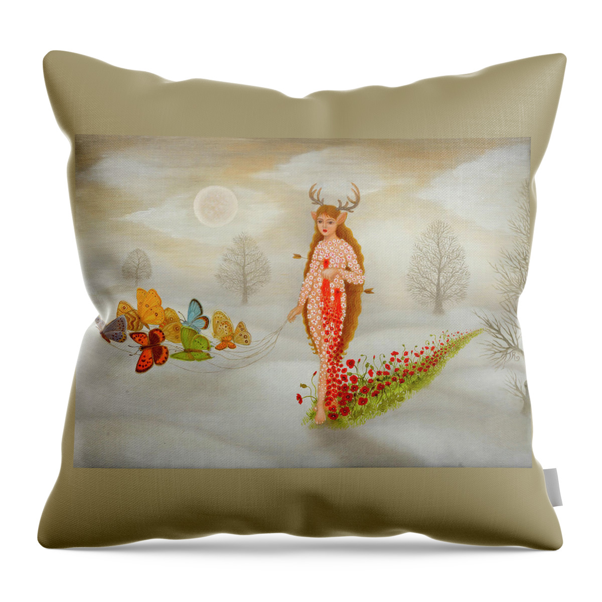 A Goddess Of Broken Hearts And Wounds In A Snow-scape Giving Birth To Flowers Throw Pillow featuring the painting The wounded healer... by Tino Rodriguez