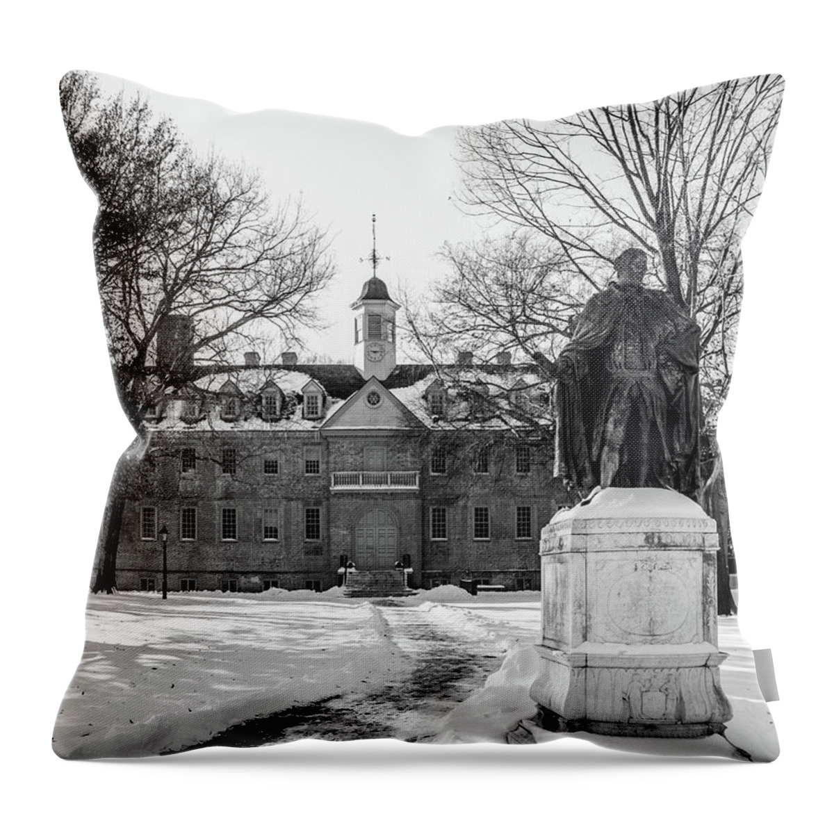 Wren Building Throw Pillow featuring the photograph The Wren Building and Statue by Rachel Morrison