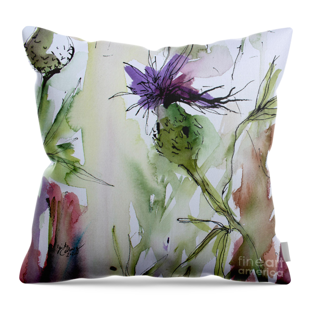 Thistles Throw Pillow featuring the painting Thistles Modern floral Art Watercolor and Ink by Ginette by Ginette Callaway