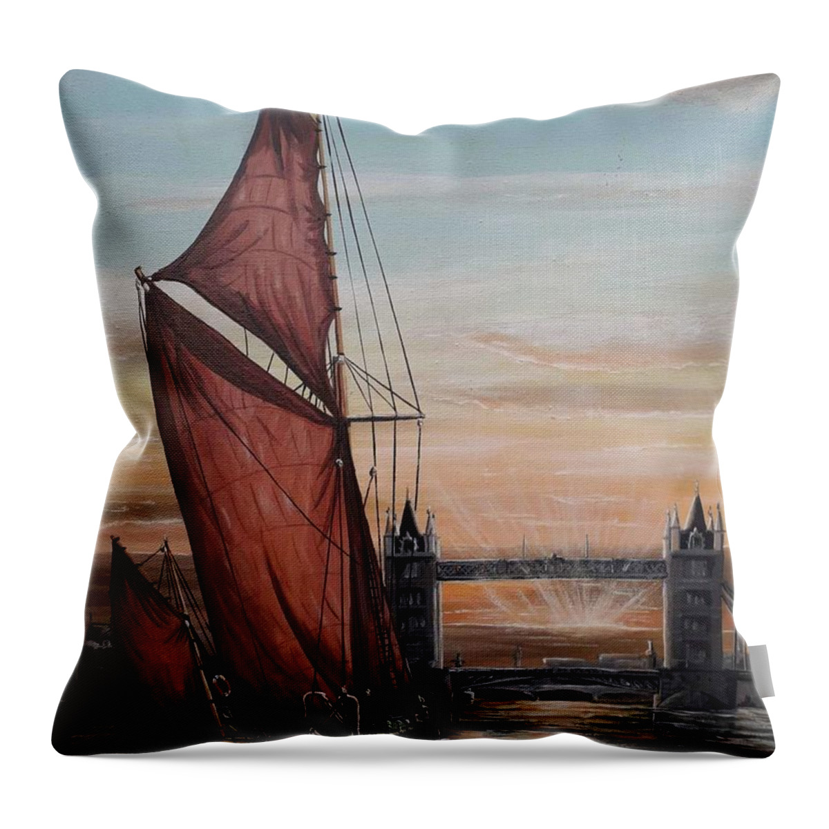 Thames Sailing Barge Throw Pillow featuring the painting Thmes Sailing Barge Dannebrog heading towards Tower Bridge London by Mackenzie Moulton