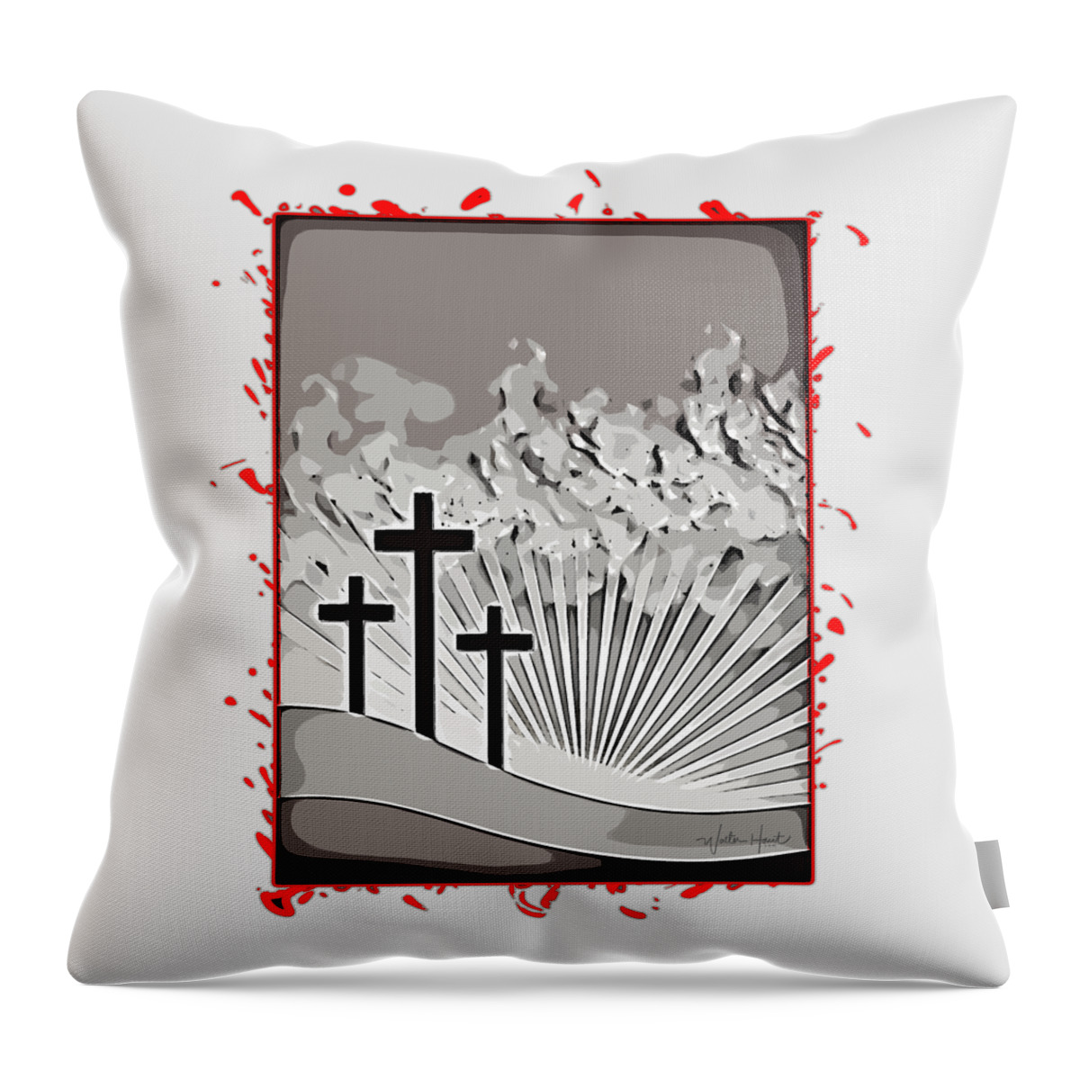 Three Calvary Crosses Throw Pillow featuring the digital art Three Calvary Crosses with Blood by Walter Herrit