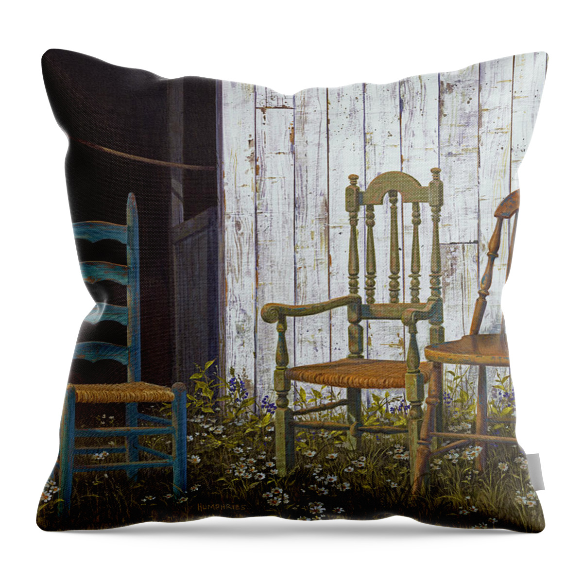 Michael Humphries Throw Pillow featuring the painting Three Chairs by Michael Humphries