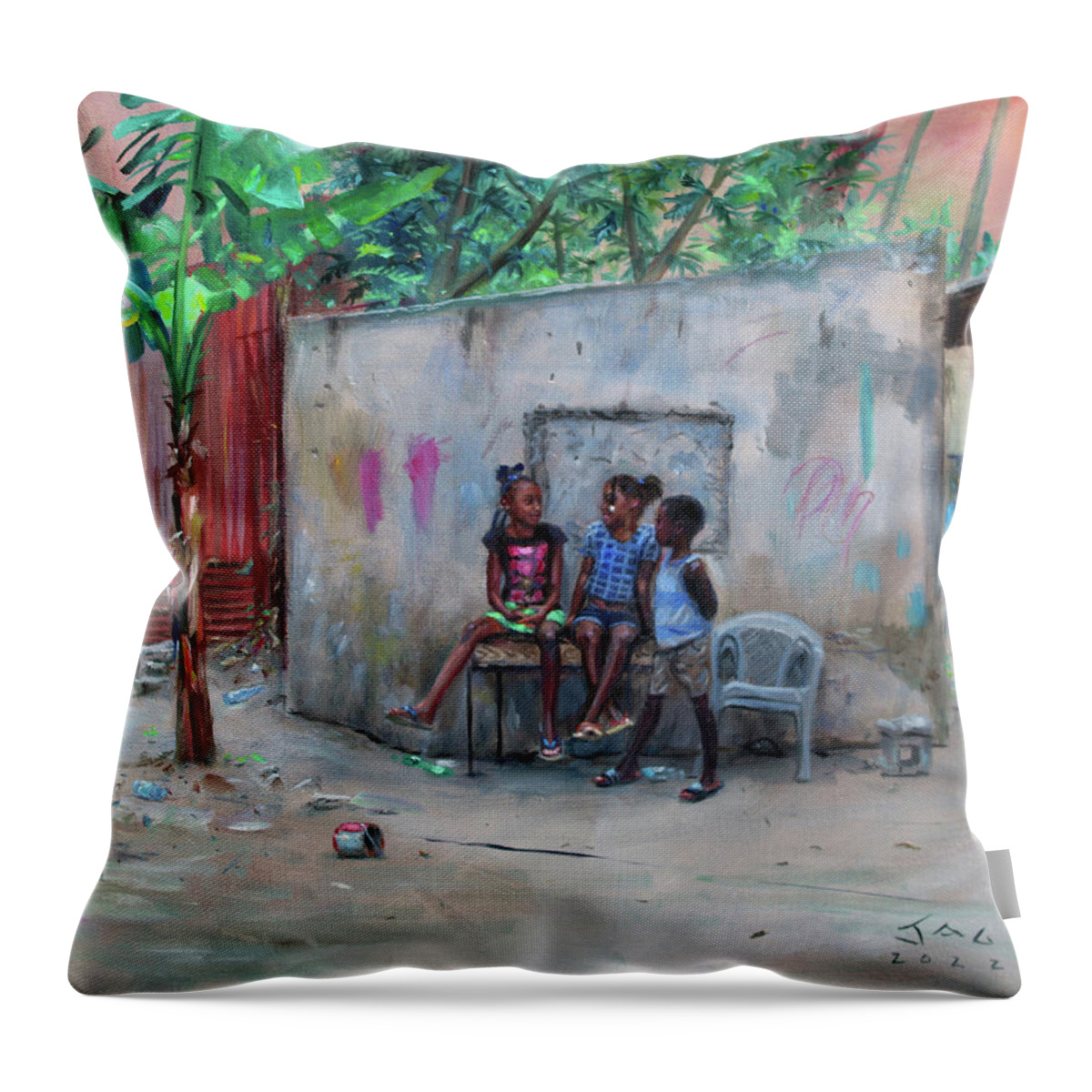 Caribbean Throw Pillow featuring the painting Three Children at Labatwi by Jonathan Gladding JAG